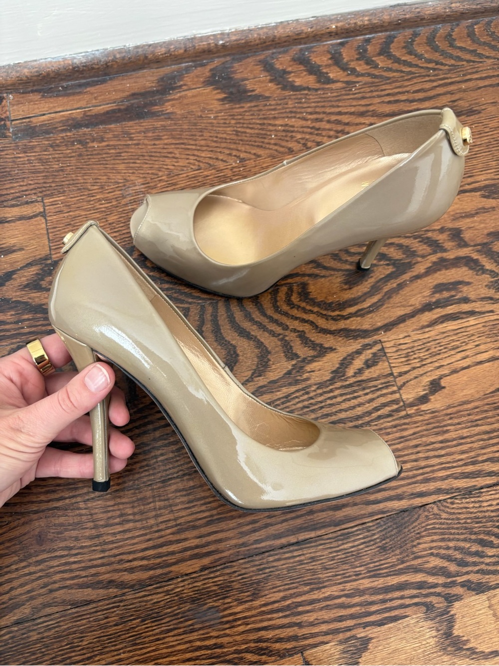 Stuart Weitzman Glossy Taupe Patent Peep-Toe Pumps